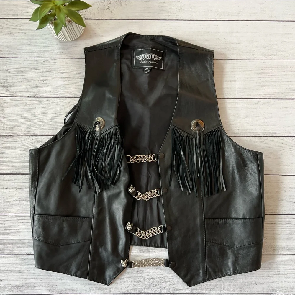 🌾 Vintage Fringe Leather‎ Vest with Chain Extensions